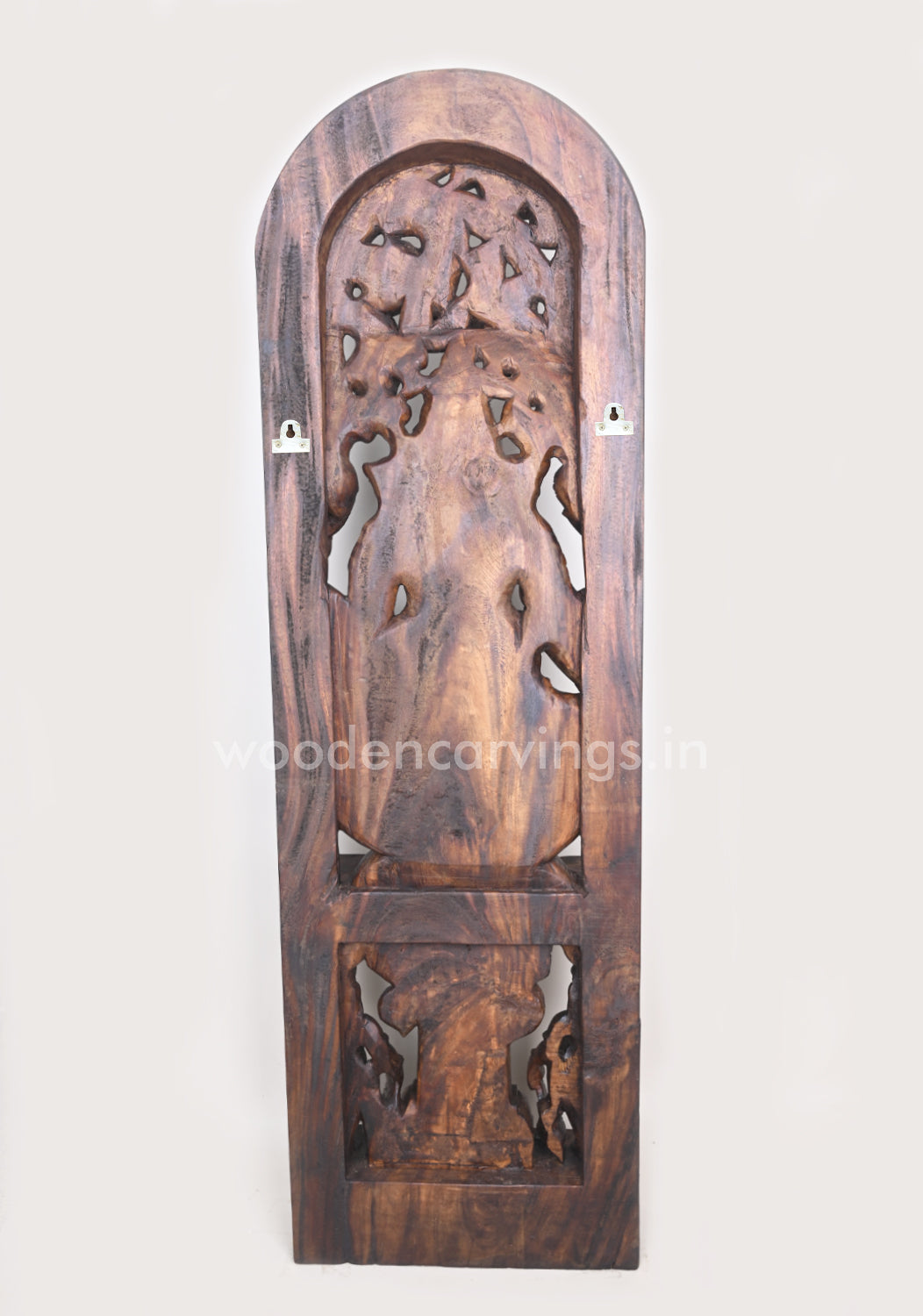 Gorgeous Ganesha Having Six Arms and He Calmly Seated on Lotus Wooden Jali Work Wall Mount 60"