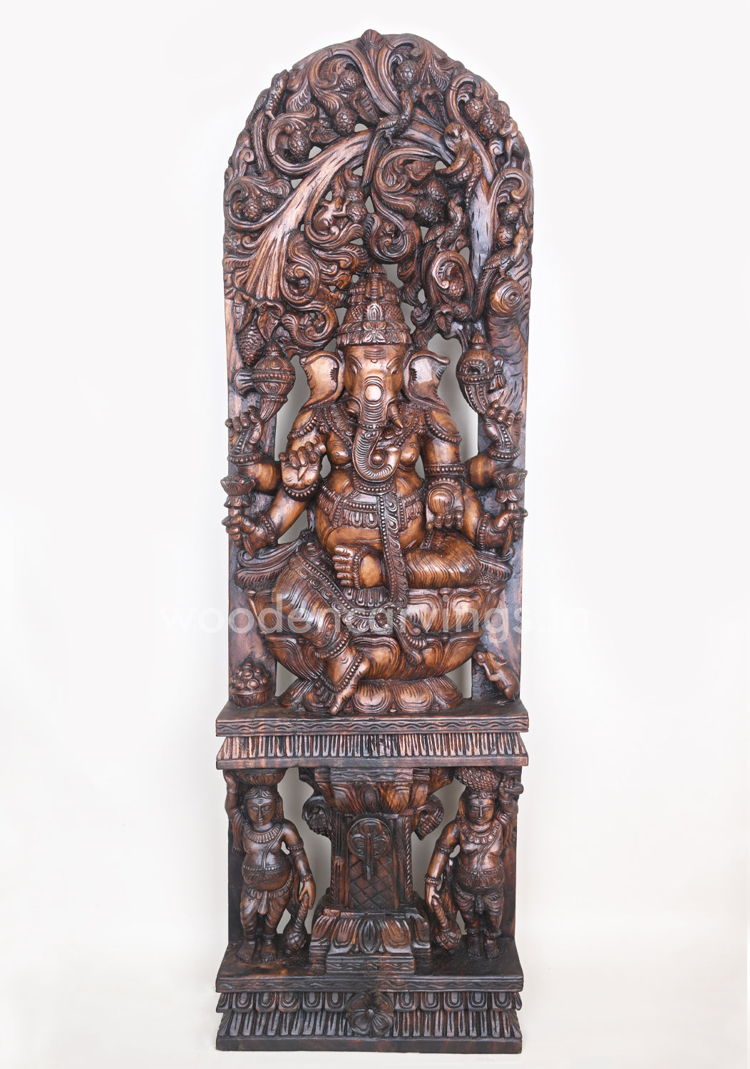 Gorgeous Ganesha Having Six Arms and He Calmly Seated on Lotus Wooden Jali Work Wall Mount 60"