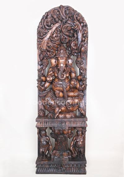 Gorgeous Ganesha Having Six Arms and He Calmly Seated on Lotus Wooden Jali Work Wall Mount 60"