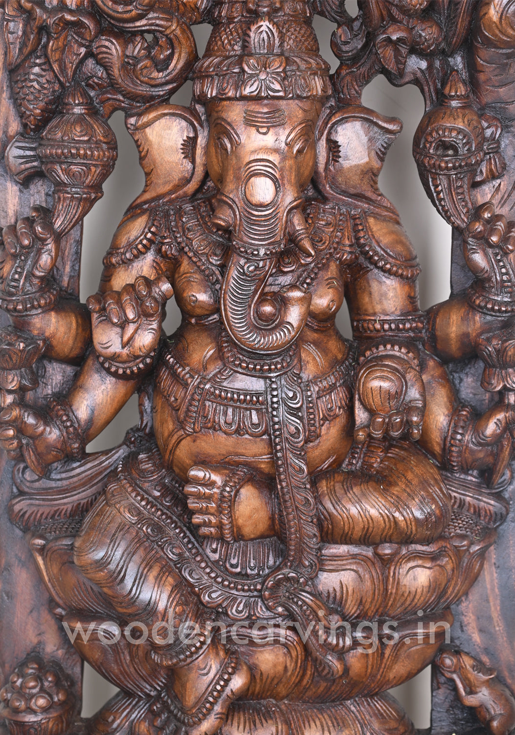 Gorgeous Ganesha Having Six Arms and He Calmly Seated on Lotus Wooden Jali Work Wall Mount 60"