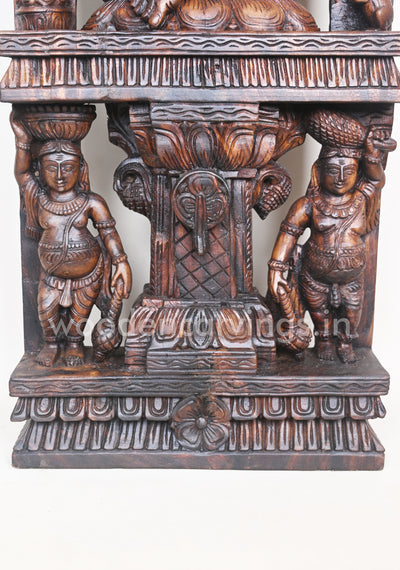 Gorgeous Ganesha Having Six Arms and He Calmly Seated on Lotus Wooden Jali Work Wall Mount 60"