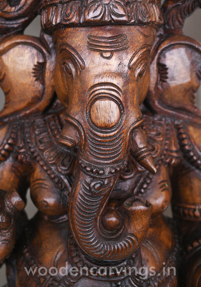 Gorgeous Ganesha Having Six Arms and He Calmly Seated on Lotus Wooden Jali Work Wall Mount 60"