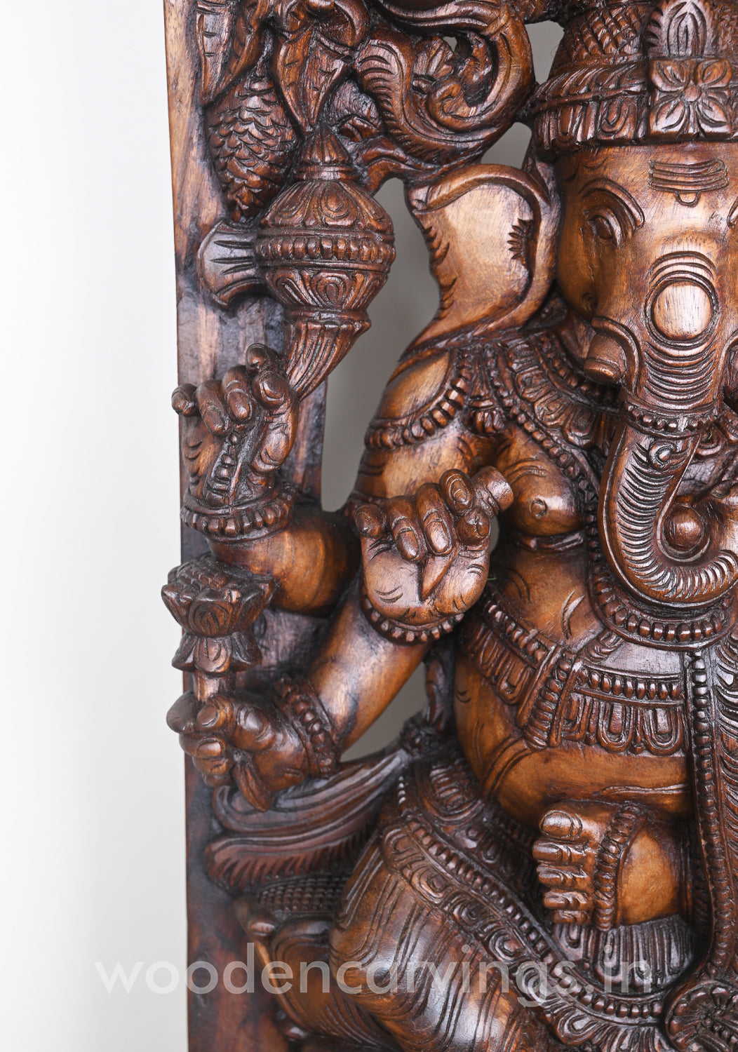 Gorgeous Ganesha Having Six Arms and He Calmly Seated on Lotus Wooden Jali Work Wall Mount 60"