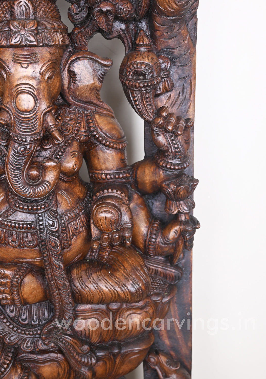Gorgeous Ganesha Having Six Arms and He Calmly Seated on Lotus Wooden Jali Work Wall Mount 60"
