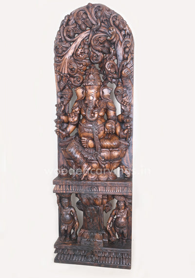 Gorgeous Ganesha Having Six Arms and He Calmly Seated on Lotus Wooden Jali Work Wall Mount 60"