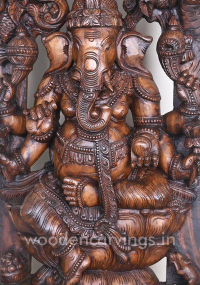 Gorgeous Ganesha Having Six Arms and He Calmly Seated on Lotus Wooden Jali Work Wall Mount 60"