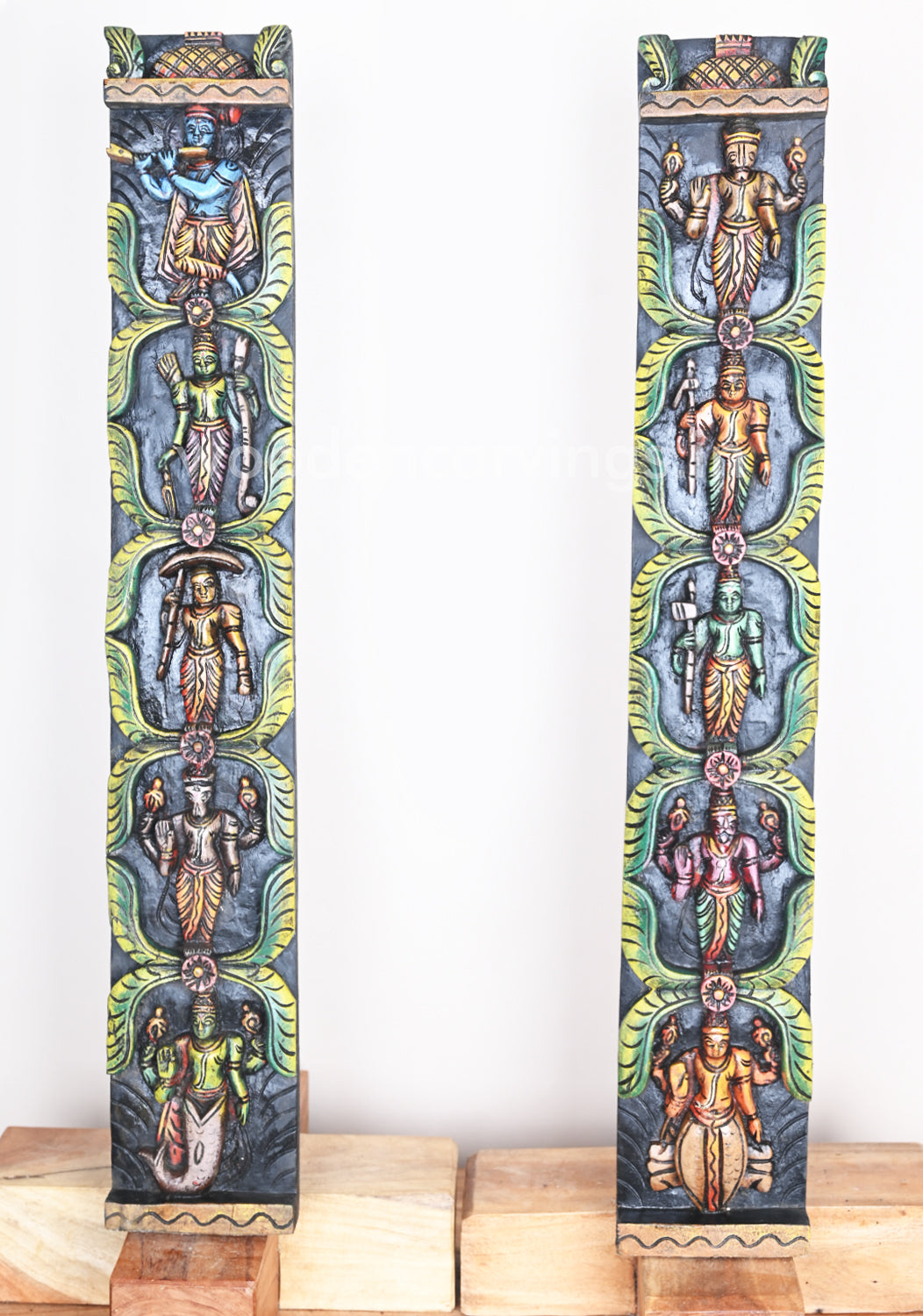 Vertical Coloured Dasavatar Door Decor Wooden Wall Panel 36"