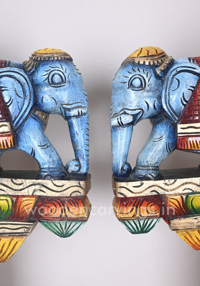 Preety Blue Coloured Elephant Door Decor Wooden Wall Brackets 12"