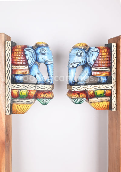 Preety Blue Coloured Elephant Door Decor Wooden Wall Brackets 12"