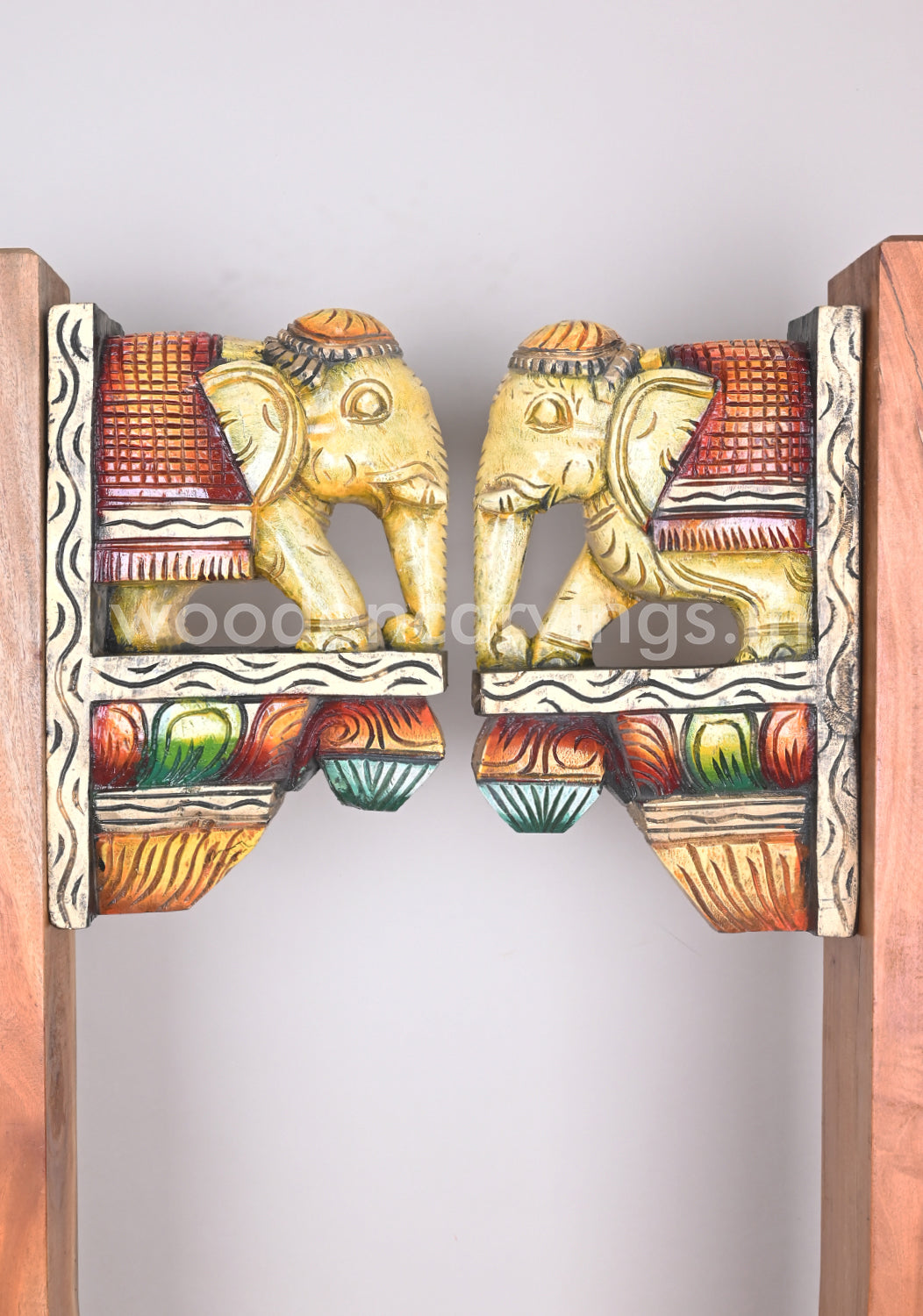 Attractive Classy Look Paired Wooden Elephant Entrance Decor Wall Brackets 13"