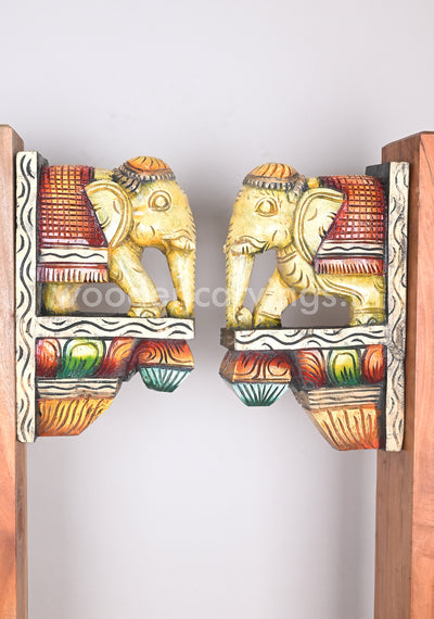 Attractive Classy Look Paired Wooden Elephant Entrance Decor Wall Brackets 13"