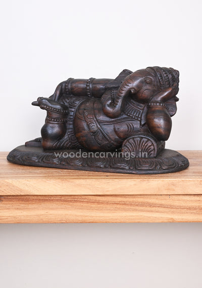 Wealthy Lord Ganesha Relaxly Reclining on Pillow Wooden Wall Mount 18"