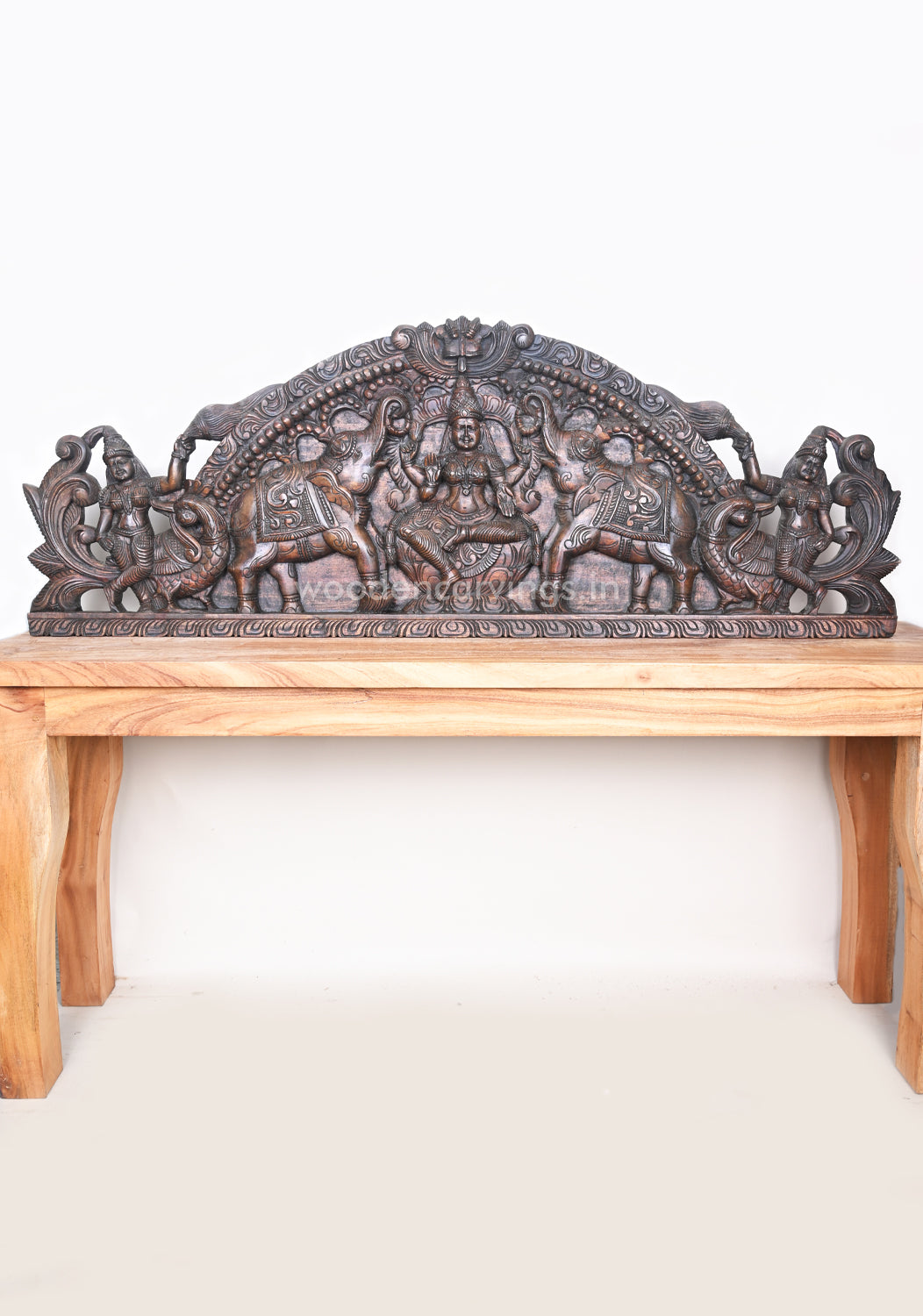 Horizontal Arch Gaja Lakshmi Seated on Lotus With Sevagar Ladies Wooden Wall Panel 48"