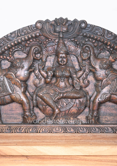 Horizontal Arch Gaja Lakshmi Seated on Lotus With Sevagar Ladies Wooden Wall Panel 48"