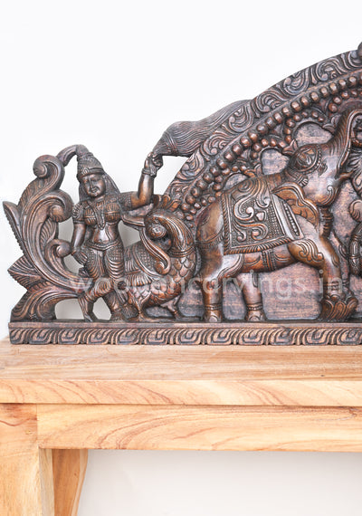 Horizontal Arch Gaja Lakshmi Seated on Lotus With Sevagar Ladies Wooden Wall Panel 48"