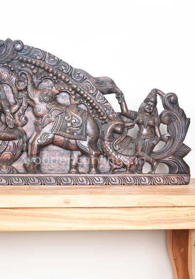 Horizontal Arch Gaja Lakshmi Seated on Lotus With Sevagar Ladies Wooden Wall Panel 48"