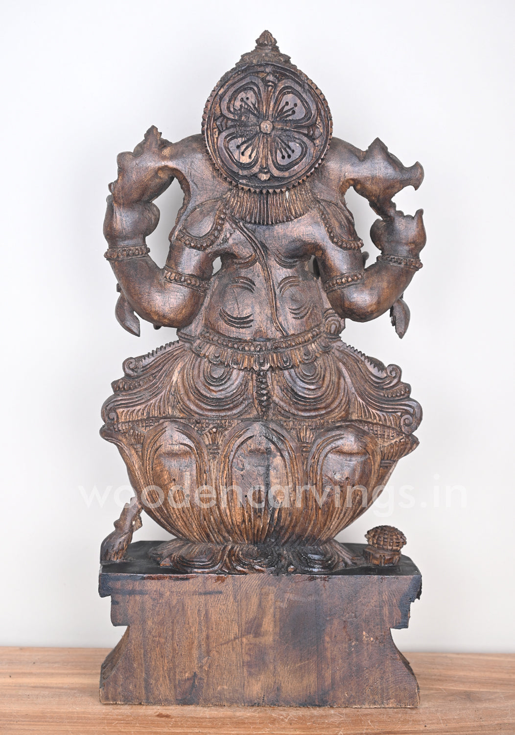 Prosperity Lord Ganesha Simply Seated on Lotus Wooden Sculpture 25"