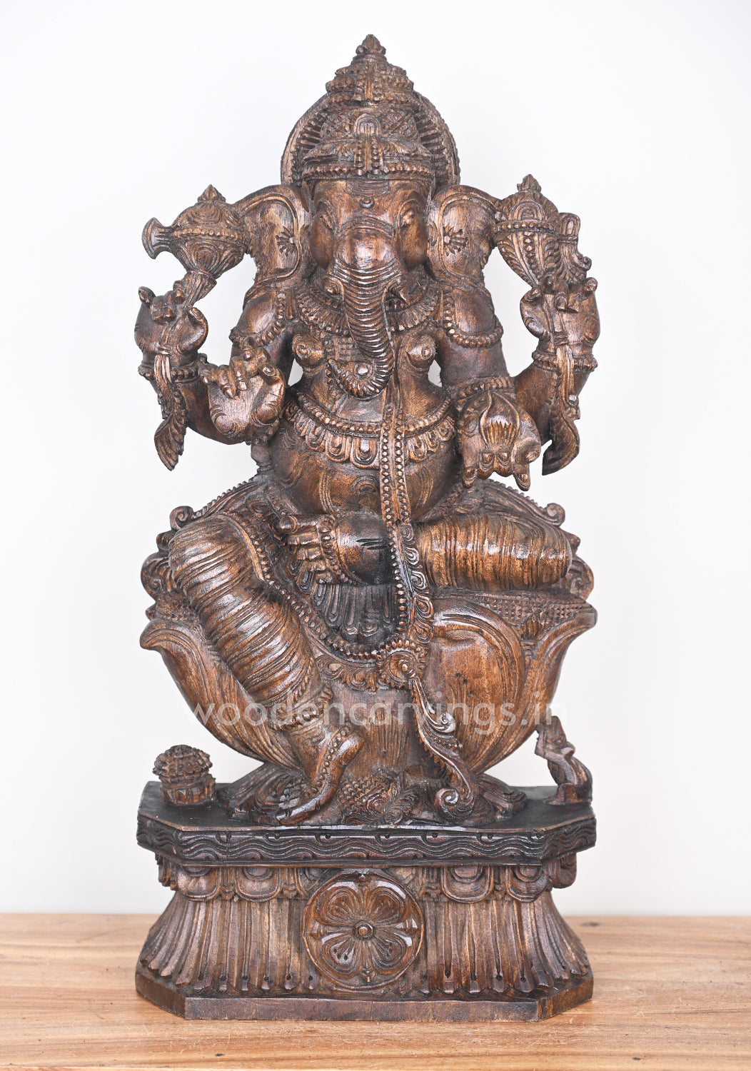 Prosperity Lord Ganesha Simply Seated on Lotus Wooden Sculpture 25"