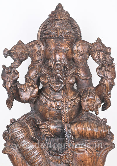 Prosperity Lord Ganesha Simply Seated on Lotus Wooden Sculpture 25"