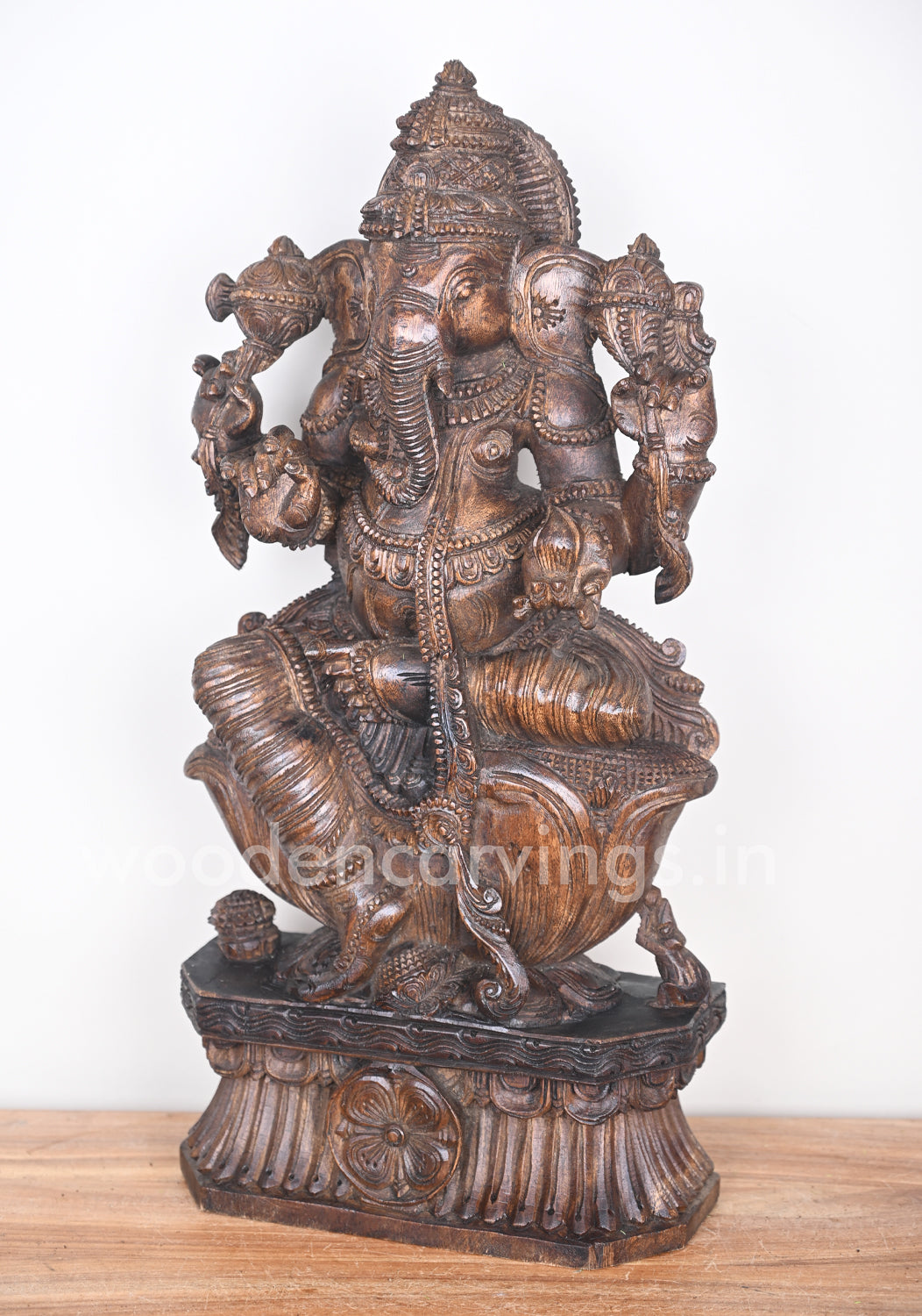Prosperity Lord Ganesha Simply Seated on Lotus Wooden Sculpture 25"