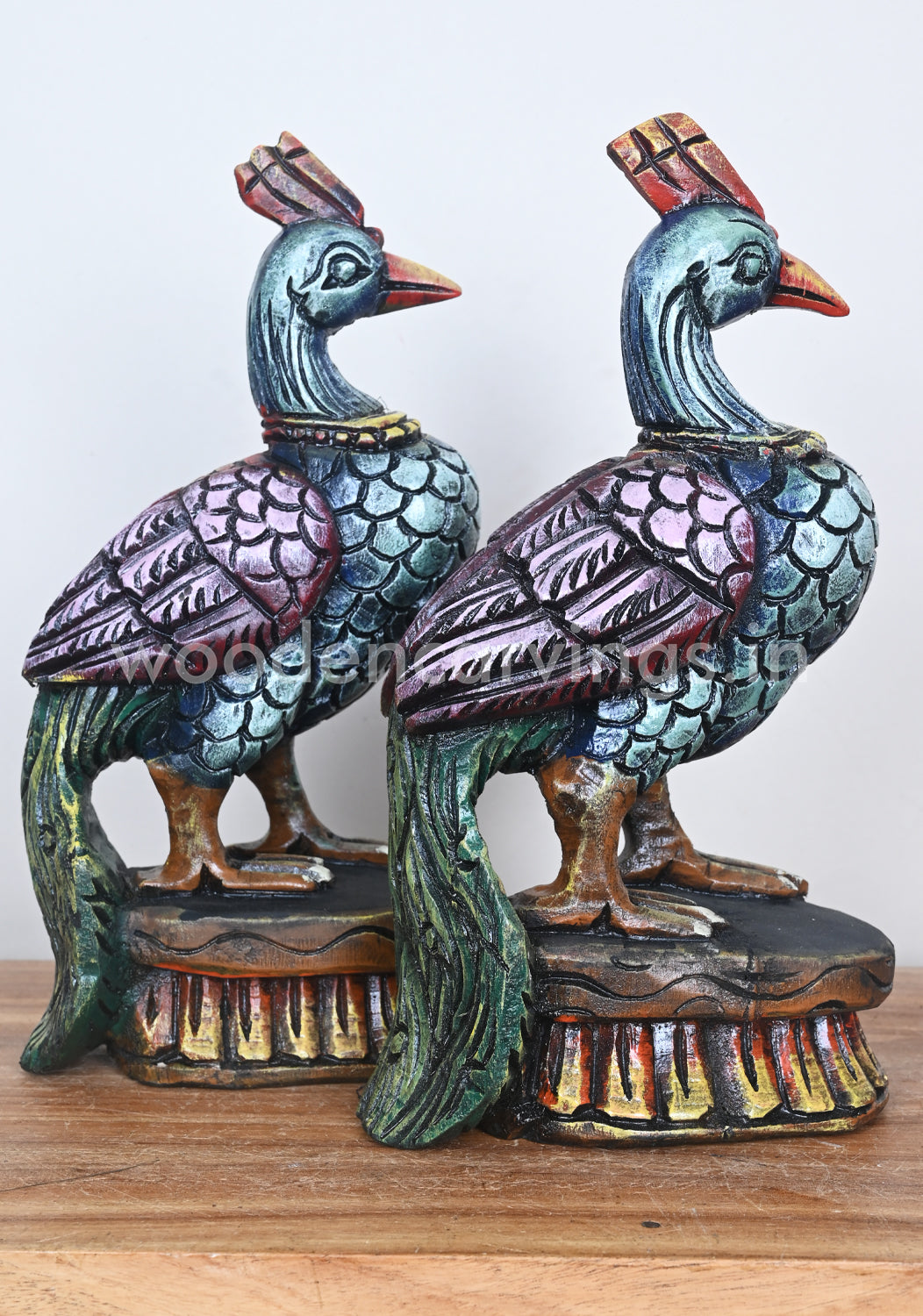 Standing Colourful Wooden Parrots Showpiece Pair – Sculptures 13"