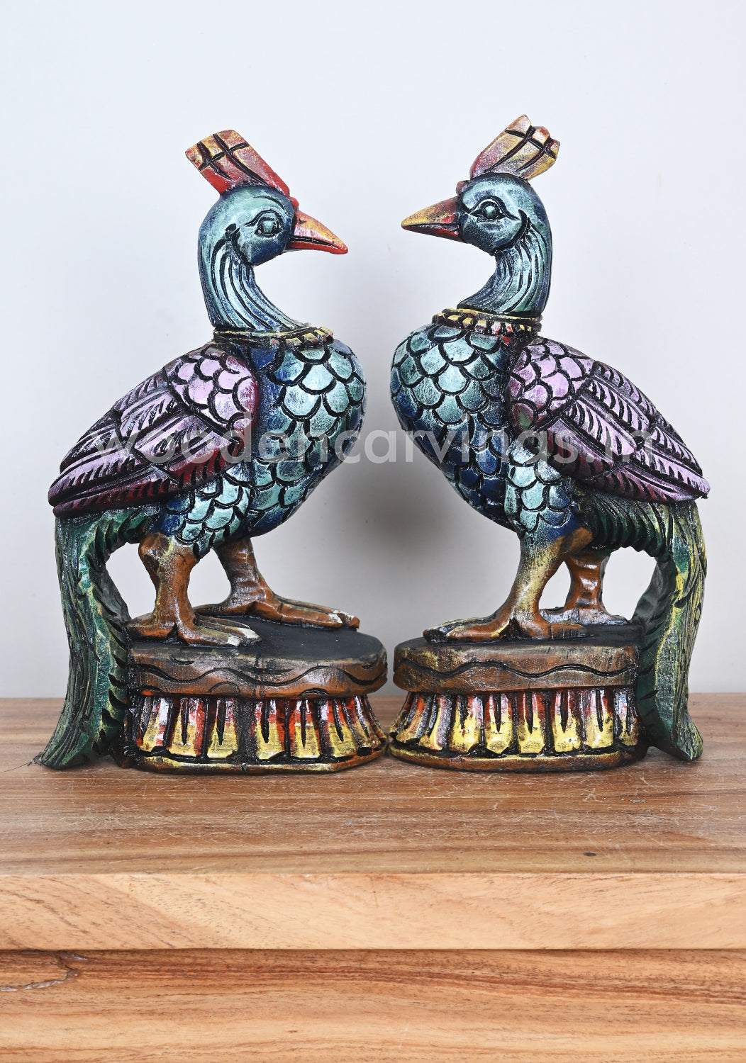Standing Colourful Wooden Parrots Showpiece Pair – Sculptures 13"