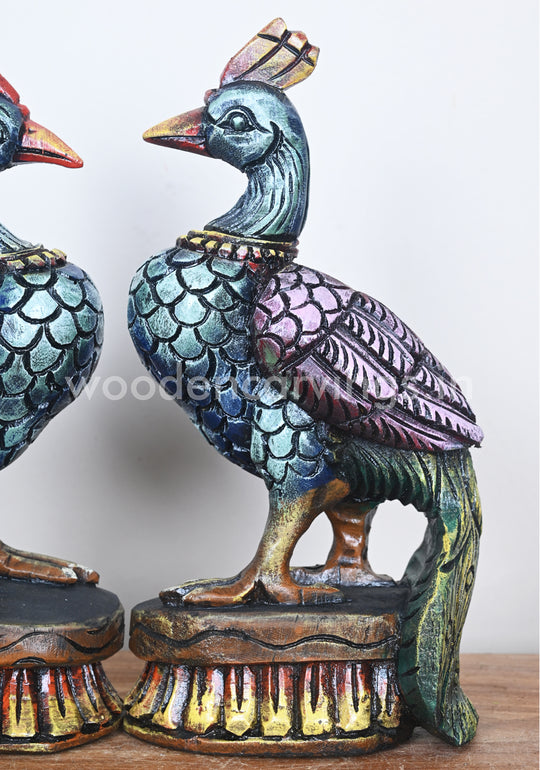 Standing Colourful Wooden Parrots Showpiece Pair – Sculptures 13"