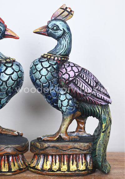 Briskly Standing Colourful Wooden Parrots Showpiece Paired  Sculptures 13"