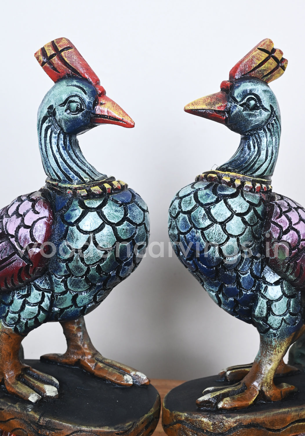 Briskly Standing Colourful Wooden Parrots Showpiece Paired  Sculptures 13"