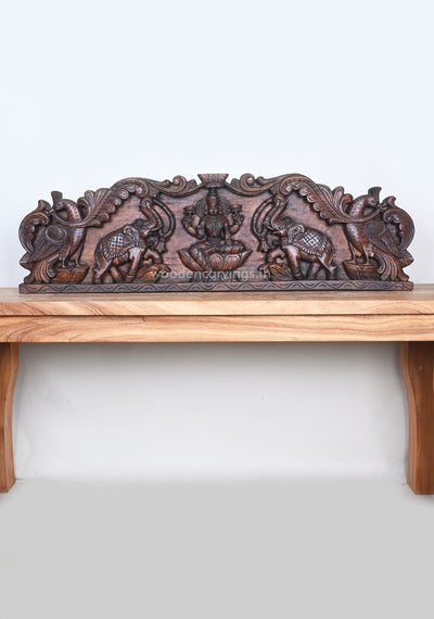 Goddess of Wealth GajaLakshmi Seated on Lotus Hamsa Design Wooden Wall Panel 40"