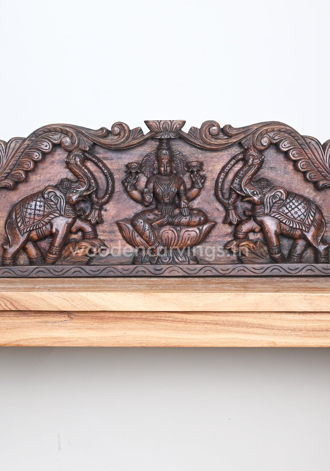 Goddess of Wealth GajaLakshmi Seated on Lotus Hamsa Design Wooden Wall Panel 40"
