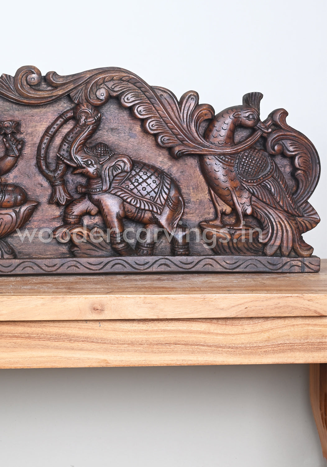 Goddess of Wealth GajaLakshmi Seated on Lotus Hamsa Design Wooden Wall Panel 40"