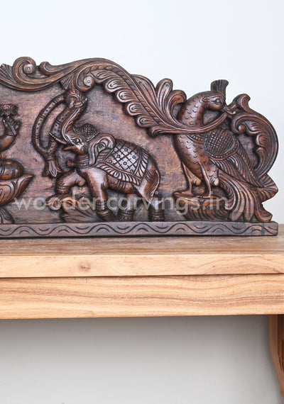 Goddess of Wealth GajaLakshmi Seated on Lotus Hamsa Design Wooden Wall Panel 40"