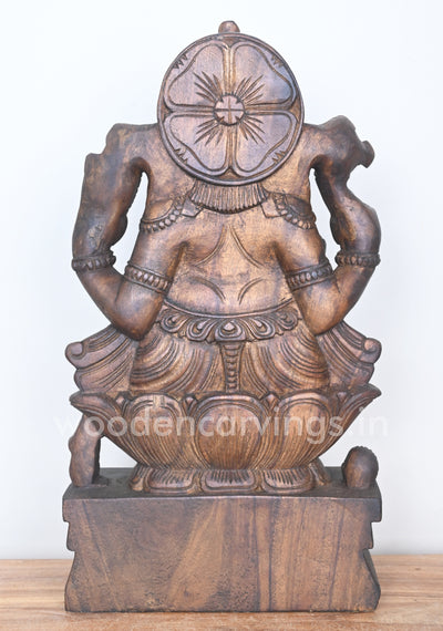 Lotus Ganapathi Holding Ladoo in His Hand Showpiece Wooden Sculpture 18"