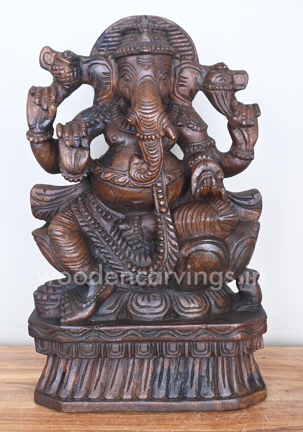 Lotus Ganapathi Holding Ladoo in His Hand Showpiece Wooden Sculpture 18"
