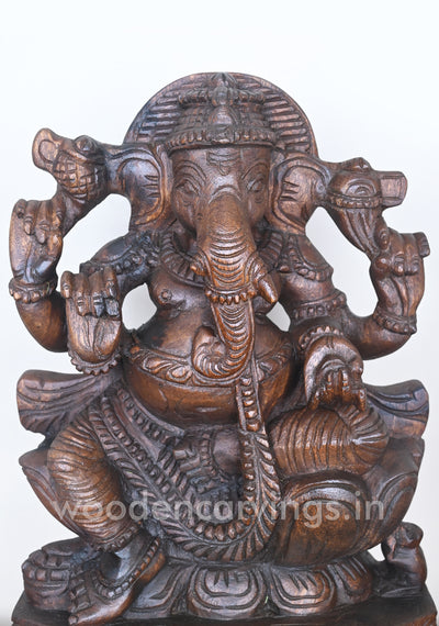 Lotus Ganapathi Holding Ladoo in His Hand Showpiece Wooden Sculpture 18"