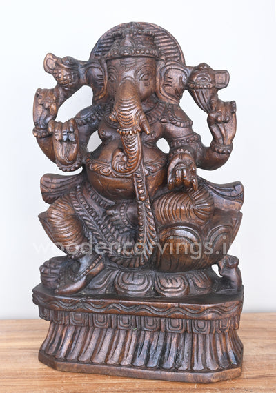 Lotus Ganapathi Holding Ladoo in His Hand Showpiece Wooden Sculpture 18"