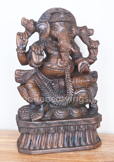 Lotus Ganapathi Holding Ladoo in His Hand Showpiece Wooden Sculpture 18"