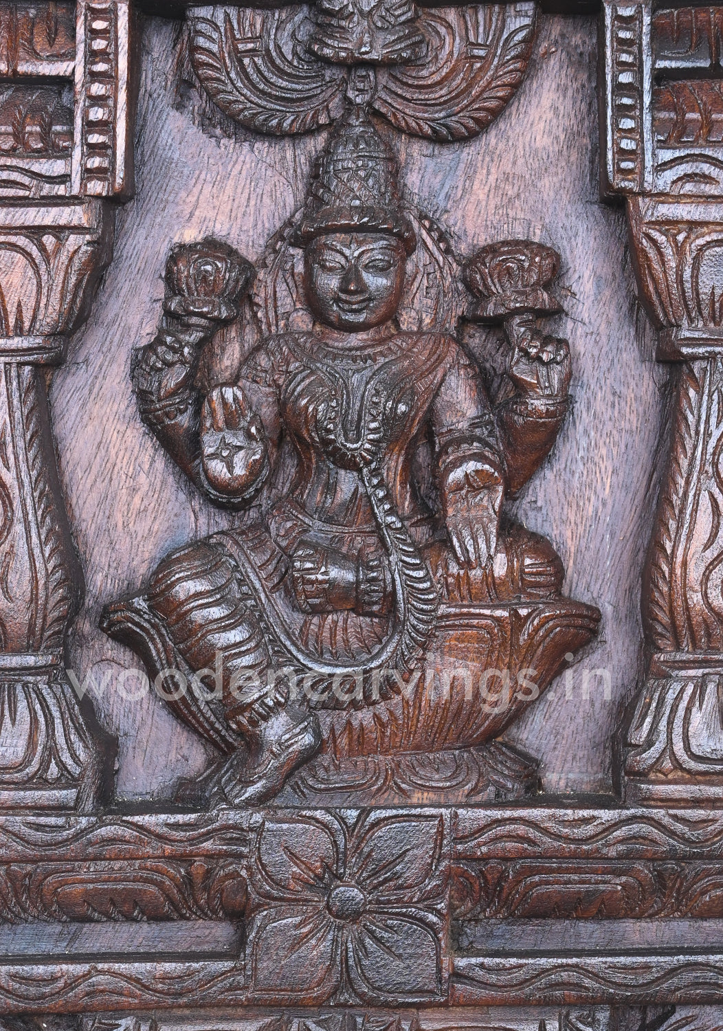 Wooden Gorgeous Goddess Lakshmi Seated on Lotus Kavadi Wall Mount 24"