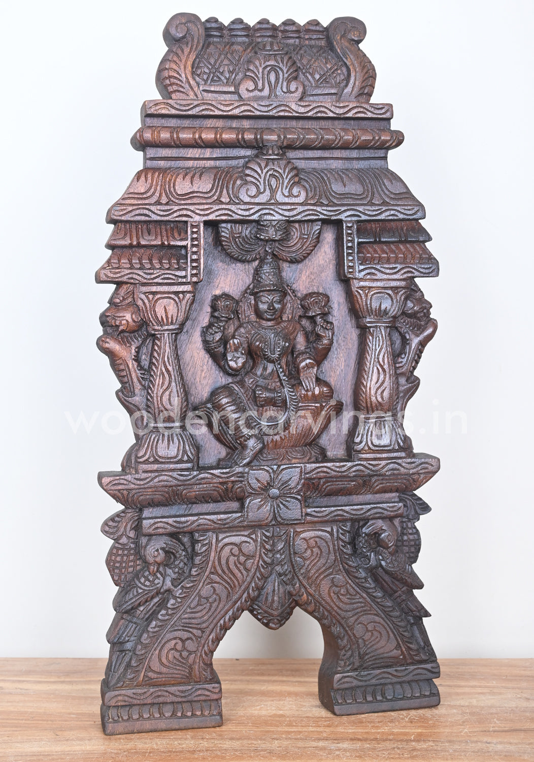 Wooden Gorgeous Goddess Lakshmi Seated on Lotus Kavadi Wall Mount 24"