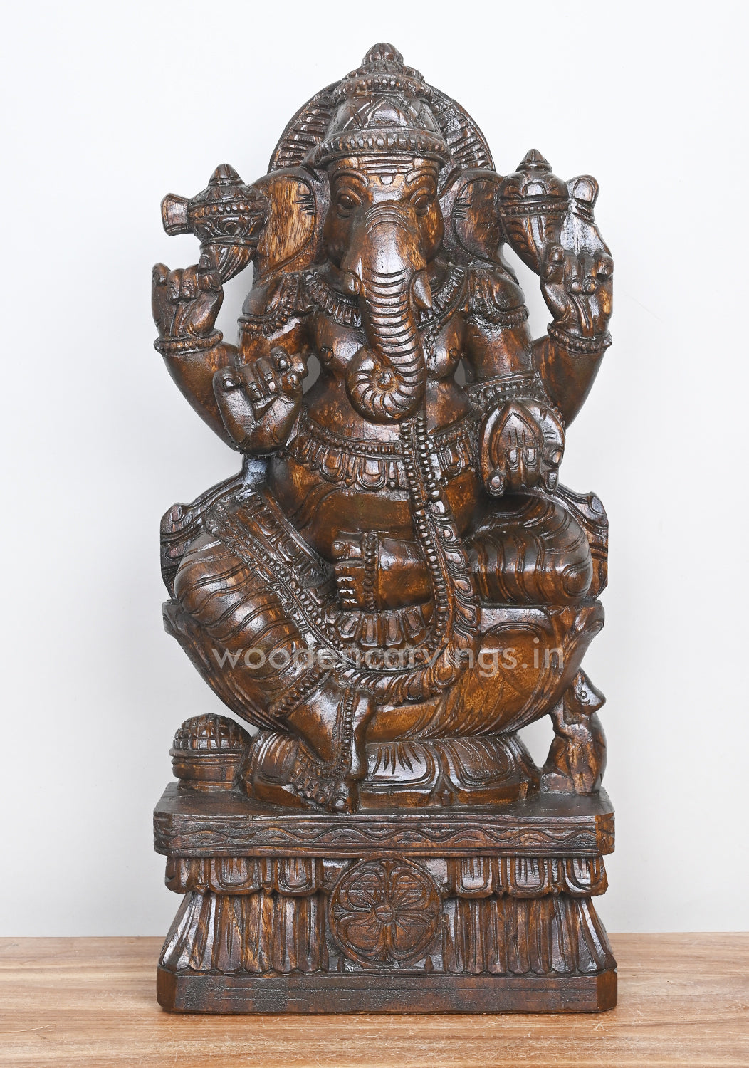Wax Brown Polished Ganesha on Lotus and Holding Mothak Wooden Sculpture 25"