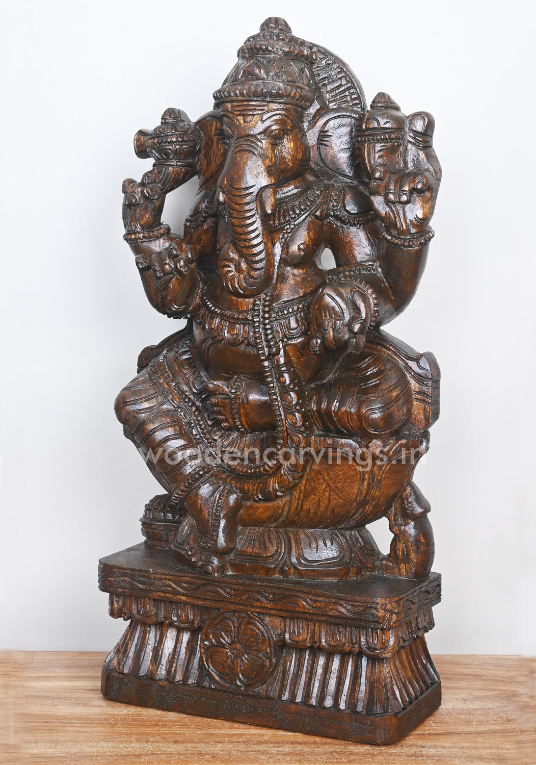 Wax Brown Polished Ganesha on Lotus and Holding Mothak Wooden Sculpture 25"