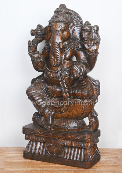 Wax Brown Polished Ganesha on Lotus and Holding Mothak Wooden Sculpture 25"