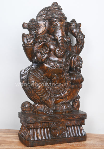 Wax Brown Polished Ganesha on Lotus and Holding Mothak Wooden Sculpture 25"