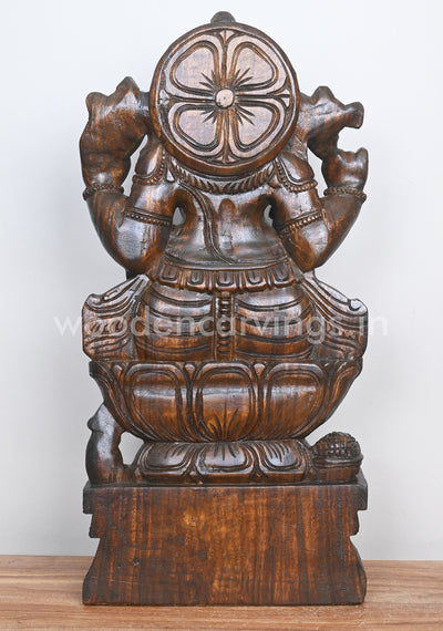 Wax Brown Polished Ganesha on Lotus and Holding Mothak Wooden Sculpture 25"