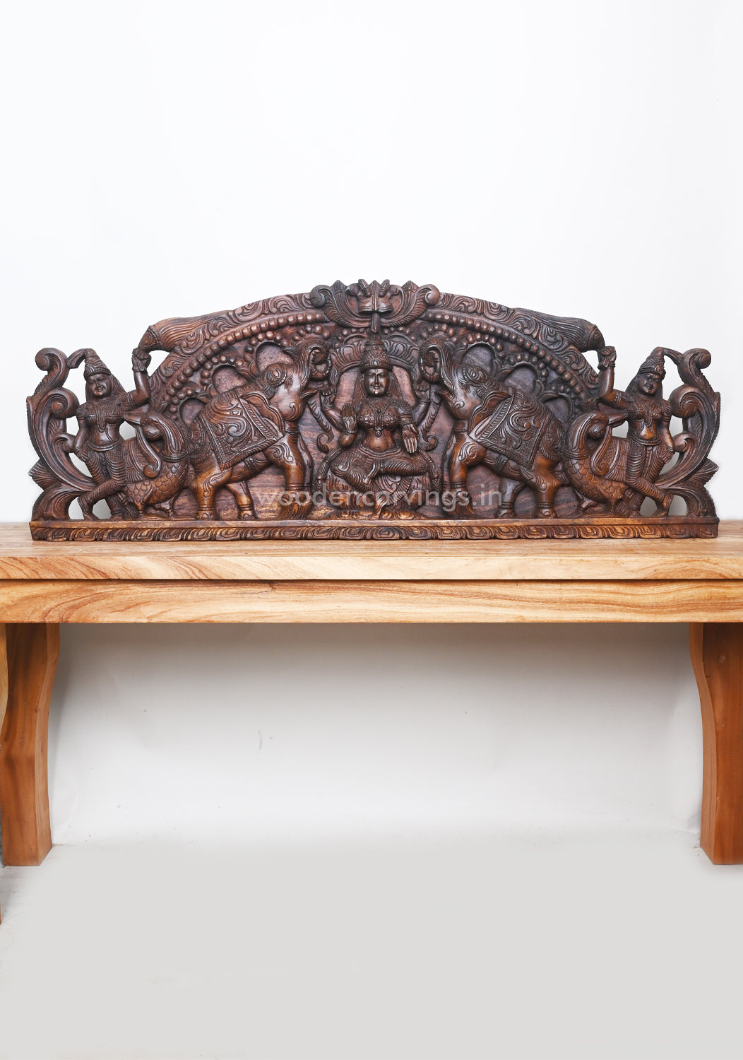 Wooden Arch GajaLakshmi Seated on Lotus With Sevagar Ladies Wooden Wall Panel 42"