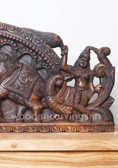 Wooden Arch GajaLakshmi Seated on Lotus With Sevagar Ladies Wooden Wall Panel 42"