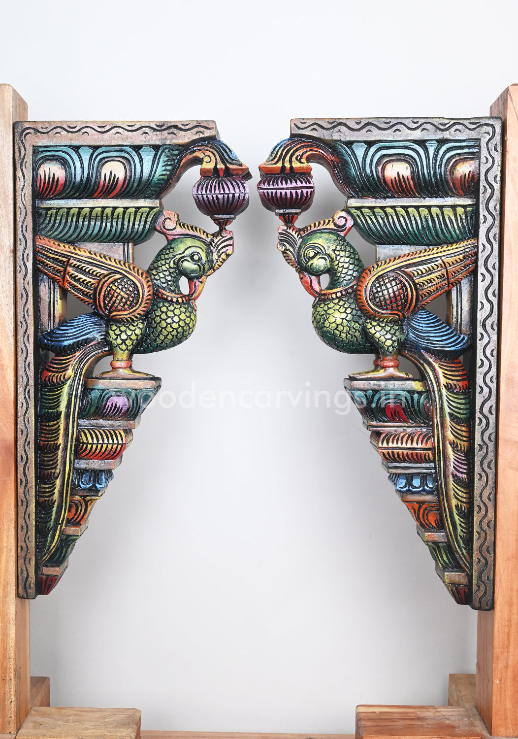 Colourful Green Paired Standing Parrots Decor For Entrances Wooden Wall Brackets 24"