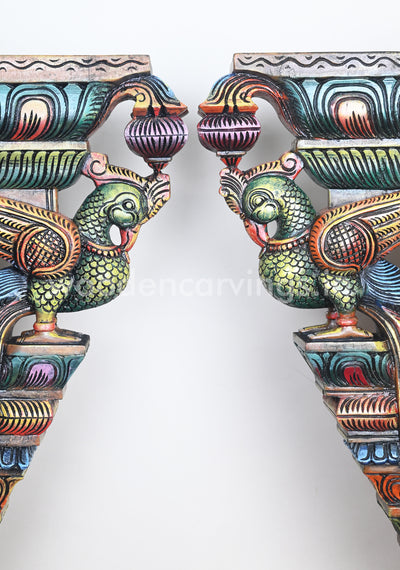 Colourful Green Paired Standing Parrots Decor For Entrances Wooden Wall Brackets 24"