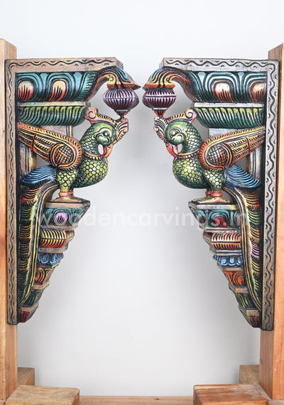 Colourful Green Paired Standing Parrots Decor For Entrances Wooden Wall Brackets 24"